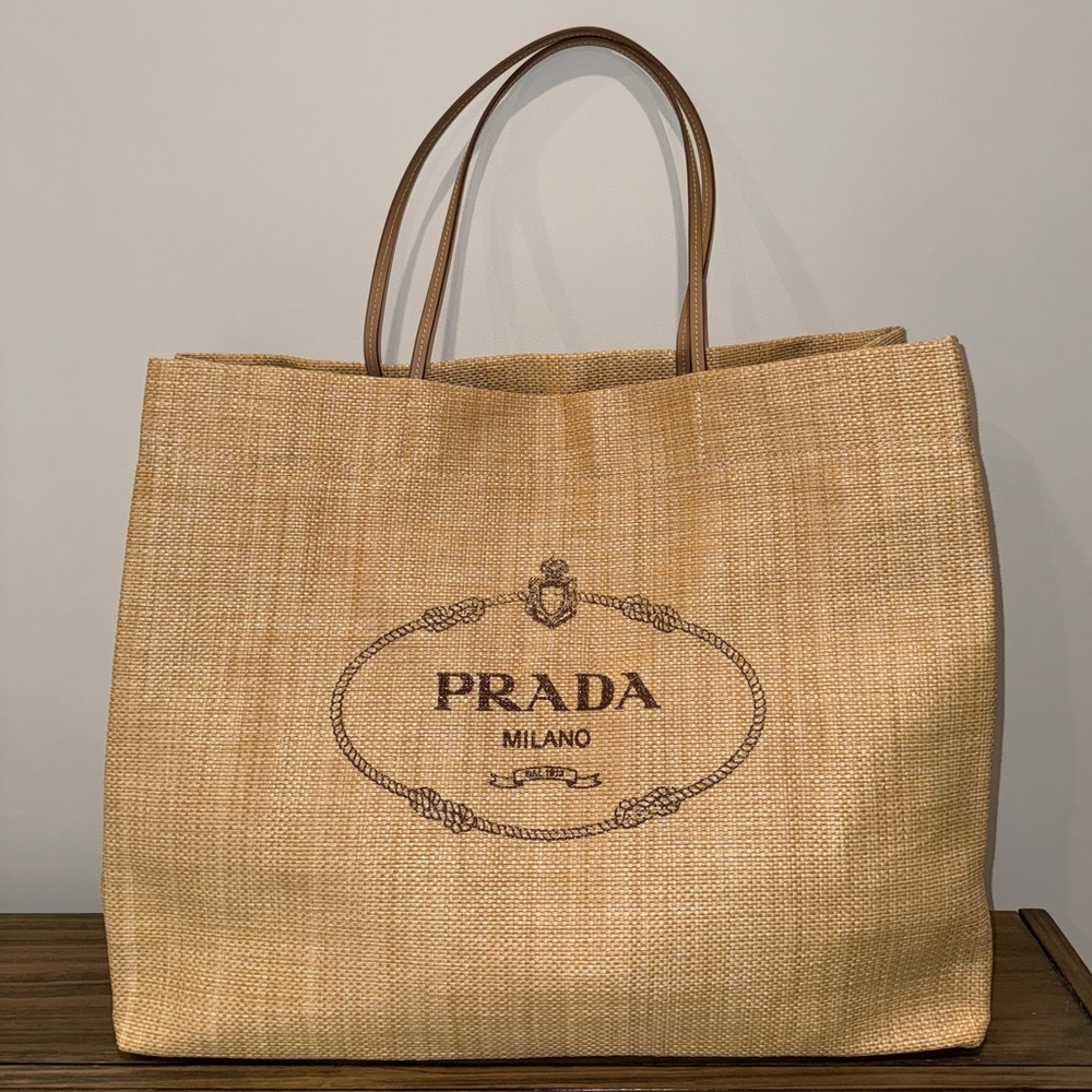 XL Prada raffia beach tote bag. Exclusive only to st barths and Capri